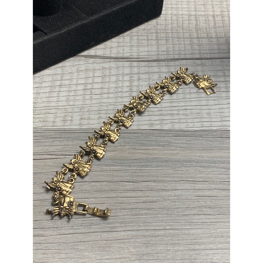 Vintage Gold Tone Cherub Angel Link Bracelet Fold Over Clasp 7.5 Inch